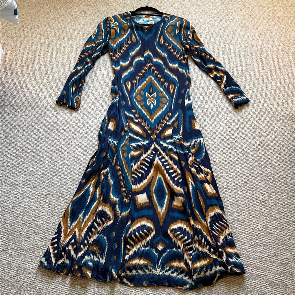 Farm Rio Blue, Brown, Gold Ikat Patterned Maxi Satin Dress Sz S